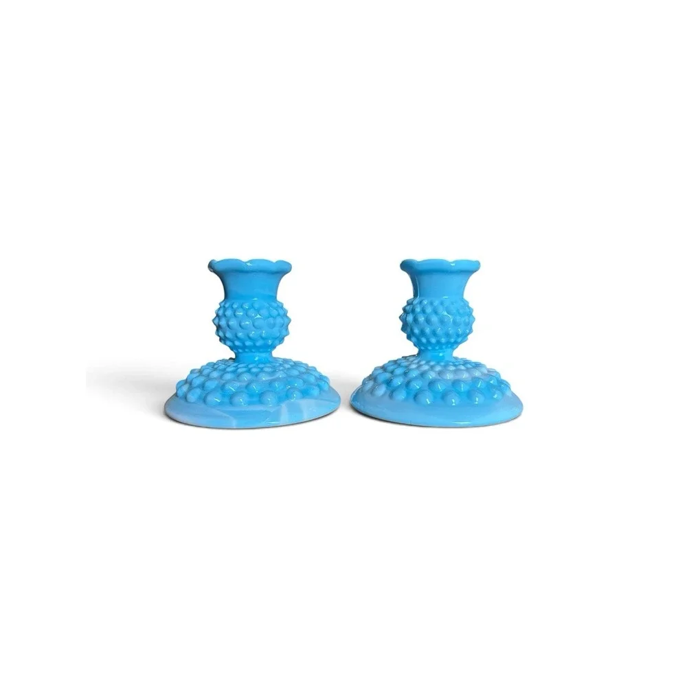 Pair Vtg Fenton Blue slag Hobnail Candle Holders Candlesticks Ruffled Rim